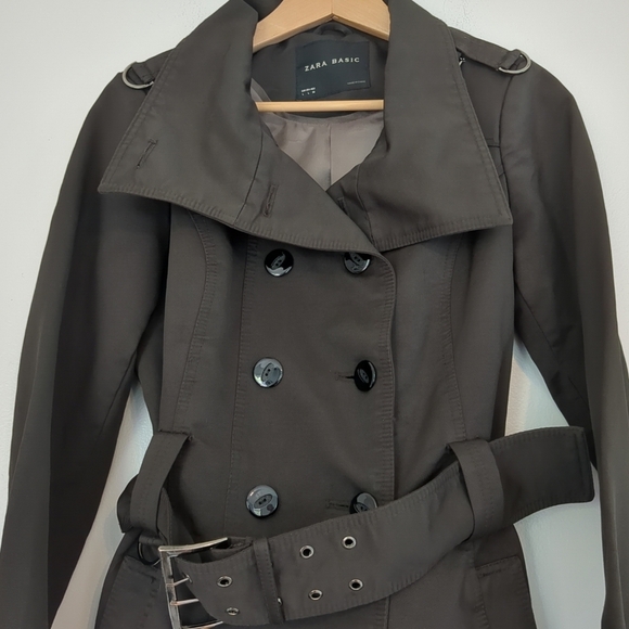 Zara Short Trench Coat Women's Large Black Belted Lapels Military Goth Biker - Picture 2 of 7